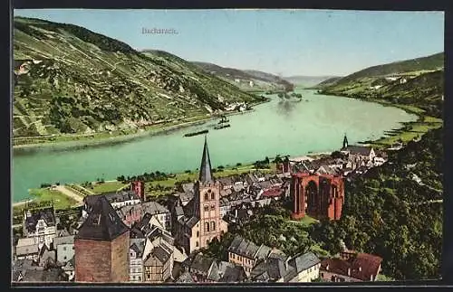 AK Bacharach, Stadt am Fluss mit Gebirge