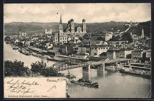 AK Passau, Uferpartie mit Brücke