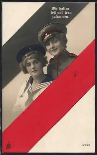 AK Matrosin und Soldatin in Uniformen, Reichsfahne