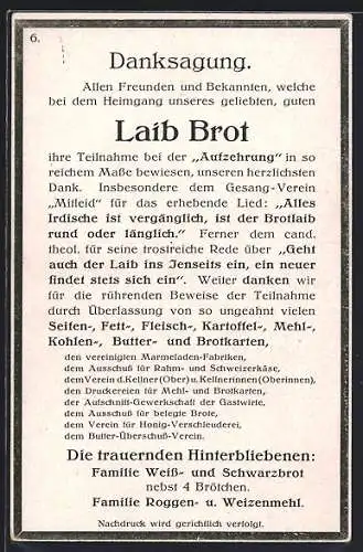 AK Danksagung zur Beerdigung des Laib Brot