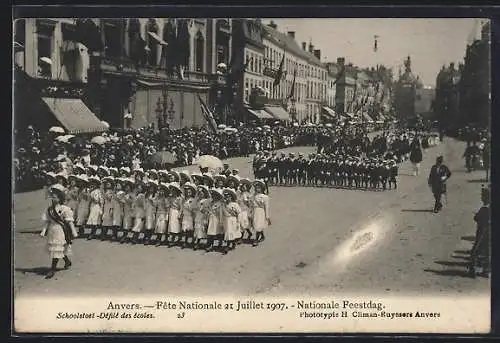 AK Anvers, Fête Nationale 1907, Défilé des écoles