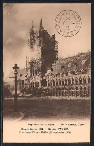 AK Ypres, Ruines 1914, Incendie des Halles