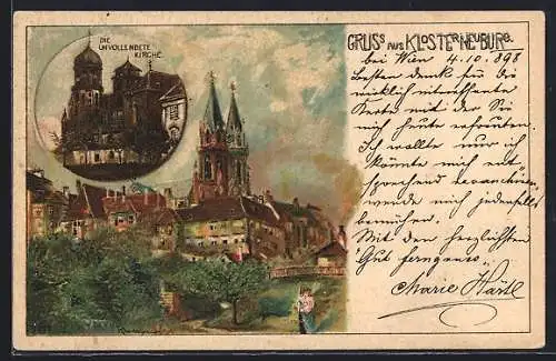 Lithographie Klosterneuburg, Kloster und die unvollendete Kirche