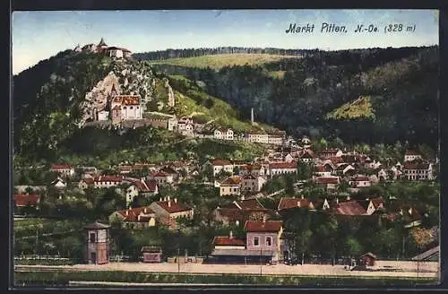 AK Markt Pitten /N.-Ö., Ortsansicht mit Bahnhof und Berg aus der Vogelschau