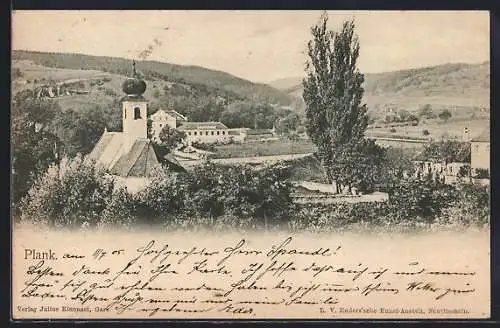 AK Plank, Ortsansicht mit Kirche und Umgebung aus der Vogelschau