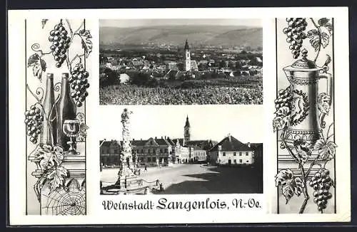 AK Langenlois, Ortsansicht und Denkmal auf einem Platz, Wein und Krug