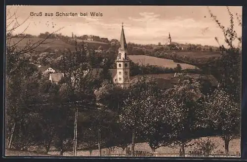 AK Scharten bei Wels, Ortspartie mit Kirche