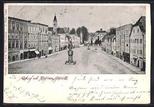 AK Eferding /Ob.-Ö., Strassenpartie mit Geschäften und Denkmal