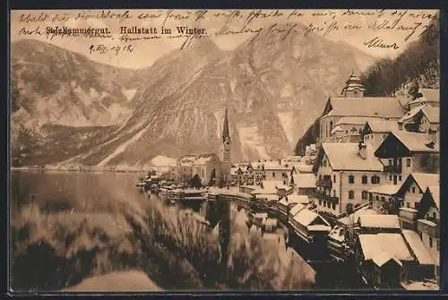 AK Halstatt /Salzkammergut, Uferpartie mit Kirche im Winter