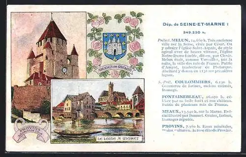 AK Melun, Blason et vues du Loing à Moret et de la Tour César à Provins