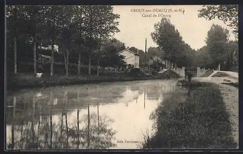 AK Crouy-sur-Ourcq, Canal de l`Ourcq et chemin bordé d`arbres