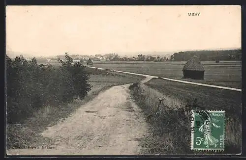 AK Ussy, Vue sur le chemin rural avec champs et meules de foin