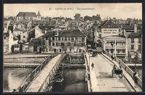 AK Lagny, Vue panoramique avec pont et rue animée