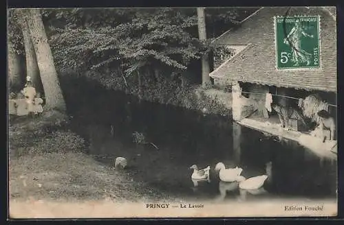 AK Pringy, Le Lavoir avec des oies sur l`eau et des arbres environnants