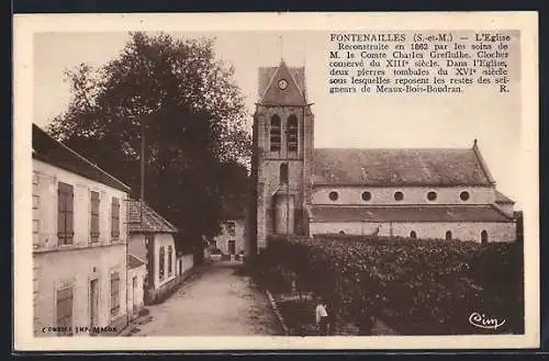 AK Fontenailles, L`église reconstruite en 1862 et son clocher du XIIIe siècle