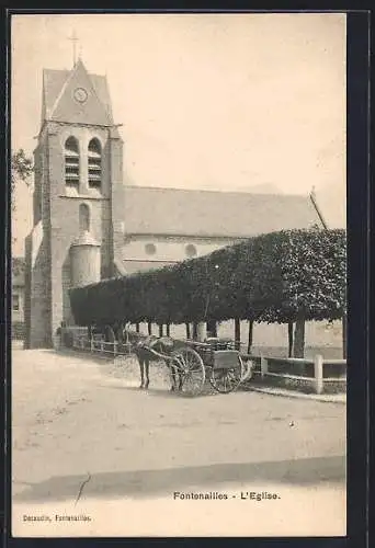 AK Fontenailles, L`Église avec charrette tirée par un cheval