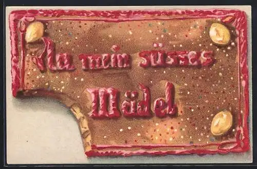 AK Abgebissener Lebkuchen mit dem Schriftzug Du mein süsses Mädel