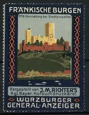 Reklamemarke Henneburg, Fränkische Burgen, Schlossansicht, Würzburger General-Anzeiger