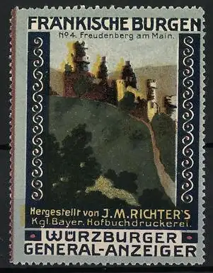 Reklamemarke Freudenberg am Main, Fränkische Burgen, Burgansicht, Würzburger General-Anzeiger