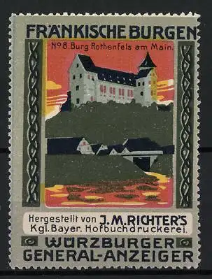 Reklamemarke Fränkische Burgen, Burg Rothenfels am Main, Würzburger General-Anzeiger