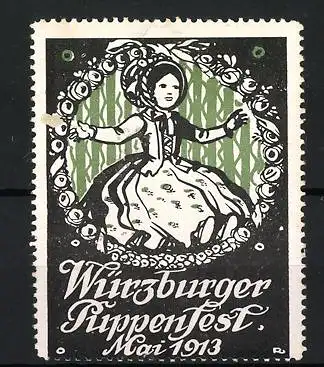 Reklamemarke Würzburg, Puppenfest Mai 1913, tanzende Puppe im Blumenrahmen