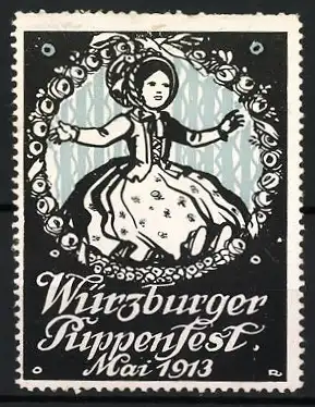 Reklamemarke Würzburg, Würzburger Puppenfest Mai 1913, tanzende Puppe