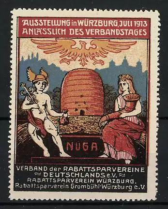 Reklamemarke Würzburg, Ausstellung Juli 1913, Bienenkorb, Hermes & Dame mit Füllhorn, Verband der Rabattsparvereine