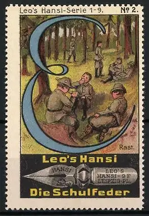 Reklamemarke Leipzig, Leo`s Hansi Serie 1-9, Die Schulfeder, Jungdeutschland Rast im Wald