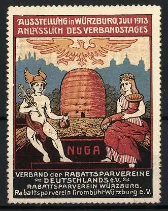 Reklamemarke Würzburg, Ausstellung Juli 1913, Verband der Rabattsparvereine, Bienenkorb und Allegorien