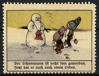 Reklamemarke Aecht Franck Kaffee, Der Schneemann ist recht fein geworden, Schneemann mit Orden und Zwerge