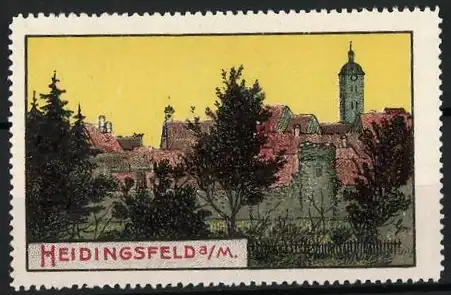 Reklamemarke Heidingsfeld a/M, Stadtansicht, Kirchturm im Hintergrund