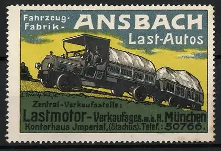 Reklamemarke München, Ansbach Last-Autos, Lastwagen mit Anhänger