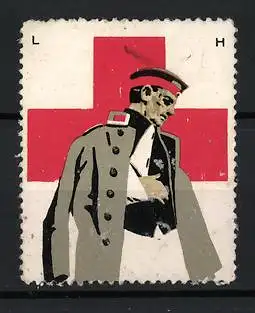 Künstler-Reklamemarke Ludwig Hohlwein, Rotes Kreuz, Soldat mit Verband vor Rot-Kreuz-Symbol