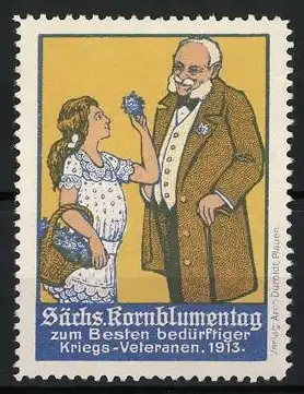Reklamemarke Sachsen, Sächs. Kornblumentag 1913, Mädchen mit Blumen und Veteran