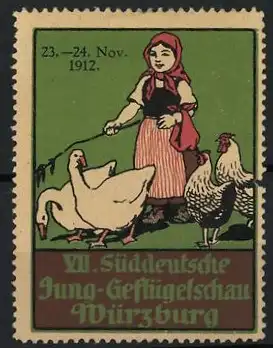 Reklamemarke Würzburg, VII. Süddeutsche Jung-Geflügelschau 1912, Frau mit Geflügel