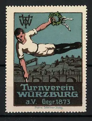 Reklamemarke Würzburg, Turnverein a.V. Gegr. 1873, Turner mit Lorbeerkranz