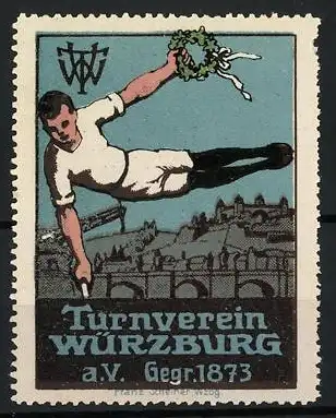 Reklamemarke Würzburg, Turnverein a.V. Gegr. 1873, Turner mit Kranz