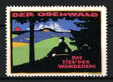 Künstler-Reklamemarke Emil Pirchan, Odenwald, Das Ziel des Wanderers, Landschaft mit Wanderer