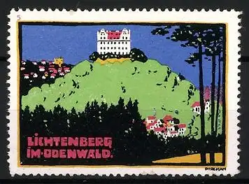 Künstler-Reklamemarke Emil Pirchan, Lichtenberg im Odenwald, Burgansicht, Schloss auf Hügel