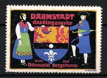 Künstler-Reklamemarke Emil Pirchan, Darmstadt, das Eingangstor zum Odenwald, Trachtenpaar flankiert Wappen