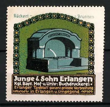 Reklamemarke Erlangen, Junge & Sohn Buchdruckerei, Rückert-Brunnen