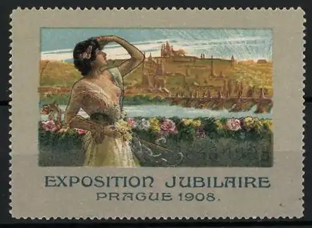 Reklamemarke Prag, Exposition Jubilaire 1908, Frau mit Aussicht auf Stadtansicht