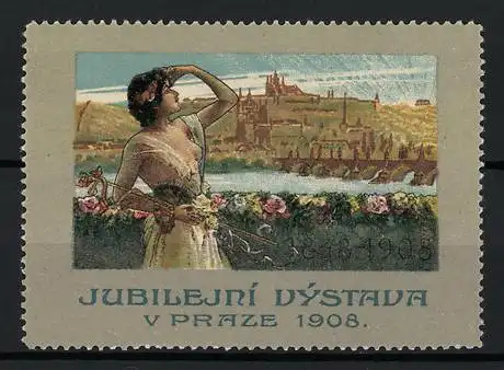 Reklamemarke Prag, Jubilejní Výstava 1908, Frau mit Aussicht auf Stadtpanorama