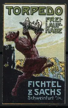 Reklamemarke Schweinfurt, Fichtel & Sachs, Torpedo Freilaufnabe, Teufelsfigur