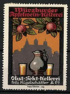 Reklamemarke Würzburg, Apfelwein-Kelterei Fritz Hugelschäffer, Krug mit Gläsern und Äpfeln