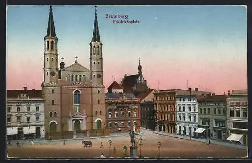 AK Bromberg-Bydgoszcz, Friedrichplatz mit Kirche und Pferdedressierer