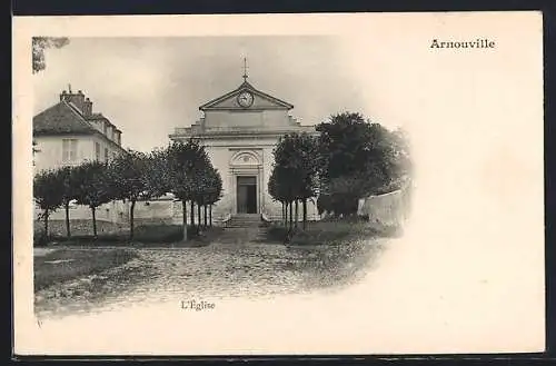 AK Arnouville, L`église et l`entrée bordée d`arbres