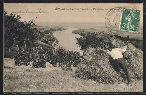 AK Rolleboise, Panorama sur Meulencourt avec scènes agricoles