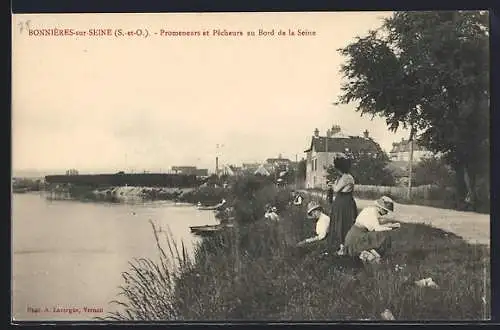 AK Bonnières-sur-Seine, Promeneurs et Pêcheurs au Bord de la Seine