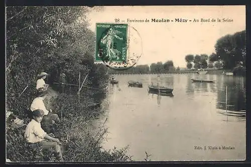 AK Meulan, Au Bord de la Seine avec pêcheurs en bordure du fleuve